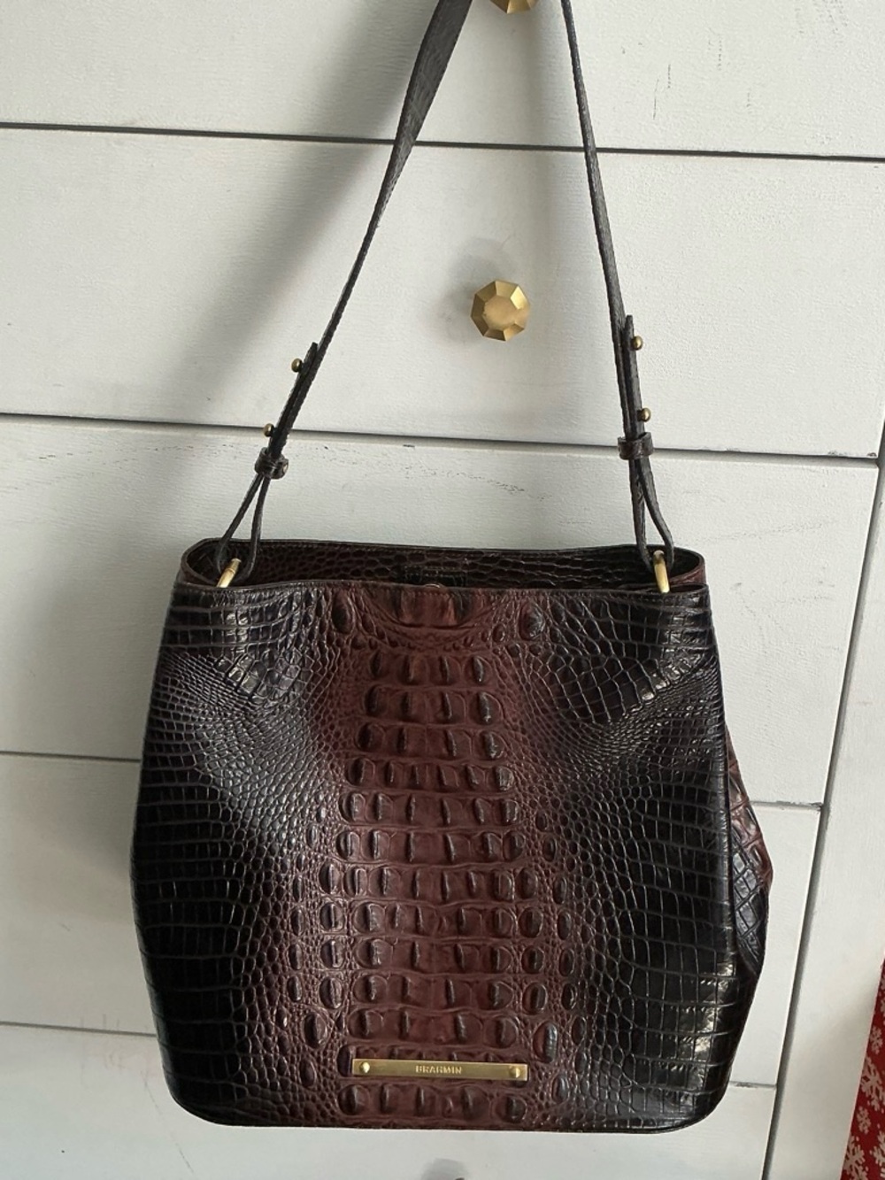 Brahmin Croc-Embossed Shoulder Bag in Brown and Black — Classic Structured Tote